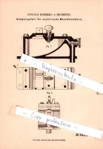 Original Patent  -  Oswald Romberg in Bromberg , 1879 , Schmiergefäß für Maschinentheile !!!