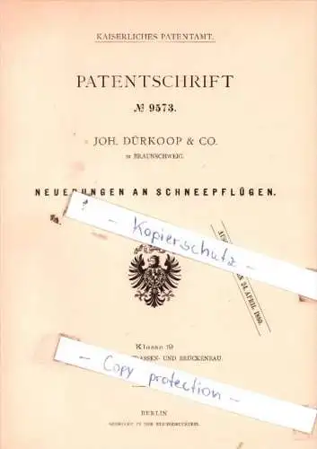 Original Patent  - Joh. Dürkoop & Co. in Braunschweig , 1879 , Neuerungen an Schneepflügen !!!