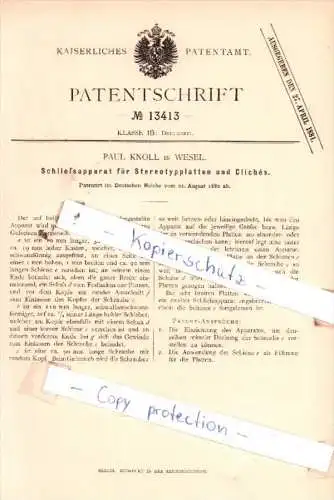 Original Patent  - Paul Knoll in Wesel , 1880 , Druckerei !!!