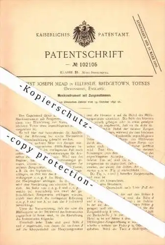 Original Patent - Ernest Mead in Ellerslie , Totnes , 1897 , musical instrument , Devon !!!