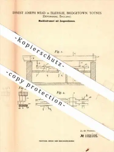 Original Patent - Ernest Mead in Ellerslie , Totnes , 1897 , musical instrument , Devon !!!