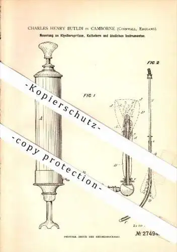 Original Patent - Charles Henry Butlin in Camborne , 1883 , enema syringe , catheter , doctor , hospital !!!