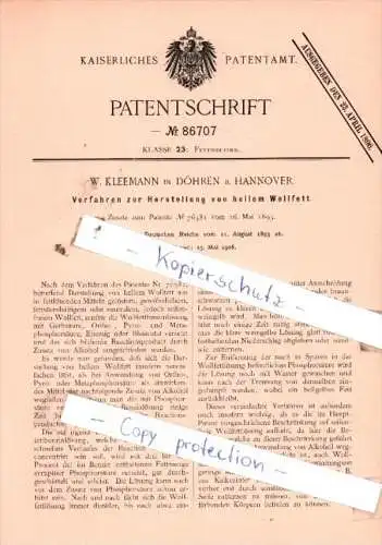 Original Patent  - W. Kleemann in Döhren b. Hannover , 1895 , Fettindustrie !!!