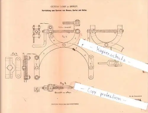 Original Patent  - Gustav Lohf in Berlin , 1880 , Spannen von Riemen, Gurten und Seilen !!!