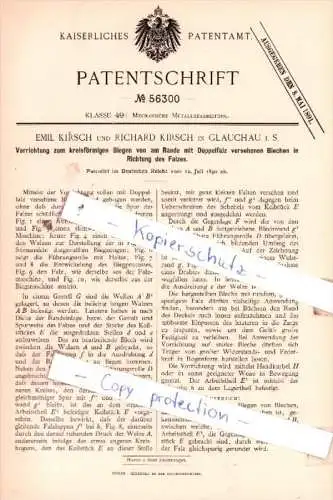 Original Patent  - Emil und Richard Kirsch in Glauchau i. S. , 1890 , Metallbearbeitung !!!