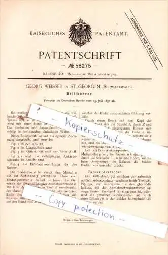 Original Patent  - Georg Weisser in St. Georgen , Schwarzwald , 1890 , Drillbohrer !!!