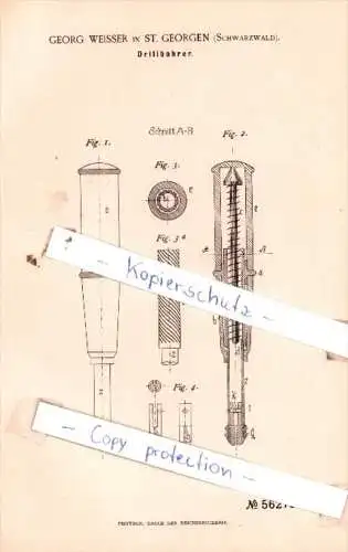 Original Patent  - Georg Weisser in St. Georgen , Schwarzwald , 1890 , Drillbohrer !!!