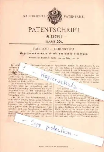 Original Patent  - P. Jost in Liebenwerda , 1901 , Wegschranken-Antrieb mit Vorrläuteeinrichtung !!!