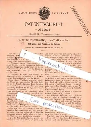 Original Patent  - Dr. Otto Zimmermann in Nassau a. d. Lahn , 1884 , Trockenvorrichtungen !!!