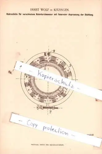 Original Patent  - Ernst Wolf in Kitzingen , 1894 , Rohrschelle für verschiedene Rohrdurchmesser !!!