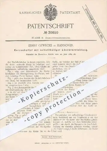 original Patent - Ernst Gewecke in Hannover , 1884 , Kerzenhalter mit selbsttätiger Löschvorrichtung | Kerze , Kerzen !