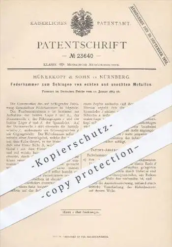 original Patent - Hünerkopf & Sohn , Nürnberg , 1883 , Federhammer zum Schlagen von Metallen | Hammer , Metall !!!