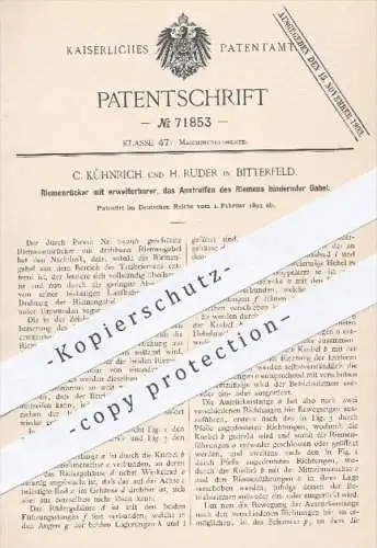 original Patent - C. Kühnrich u. H. Ruder , Bitterfeld , 1893 , Riemenrücker | Riemen , Treibriemen , Maschinen !!!