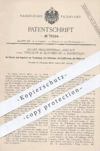 original Patent - Aktien Maschinenbau Anstalt , Venuleth & Ellenberger , Darmstadt 1893 , Trocknung von Schlempe | Säure