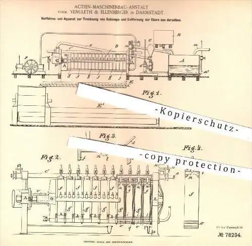 original Patent - Aktien Maschinenbau Anstalt , Venuleth & Ellenberger , Darmstadt 1893 , Trocknung von Schlempe | Säure