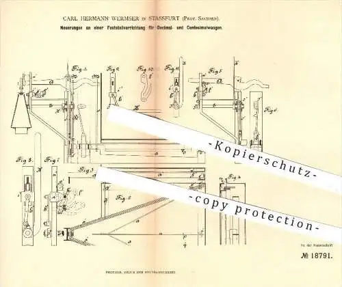 original Patent - Carl H. Wermser , Stassfurt , 1882 , Feststellvorrichtung für Dezimal- u. Centesimalwaagen | Waage !!