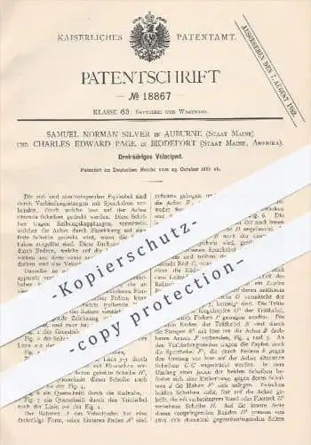 original Patent - Samuel Norman Silver , Auburne | Ch. Edward Page , Biddefort , Maine USA 1881 , Dreirädriges Velociped