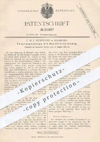 original Patent - C. H. F. Russmann in Hamburg , 1882 , Feuerungsanlage mit Rauchverbrennung | Heizung , Ofen , Öfen !!!