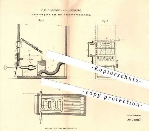 original Patent - C. H. F. Russmann in Hamburg , 1882 , Feuerungsanlage mit Rauchverbrennung | Heizung , Ofen , Öfen !!!