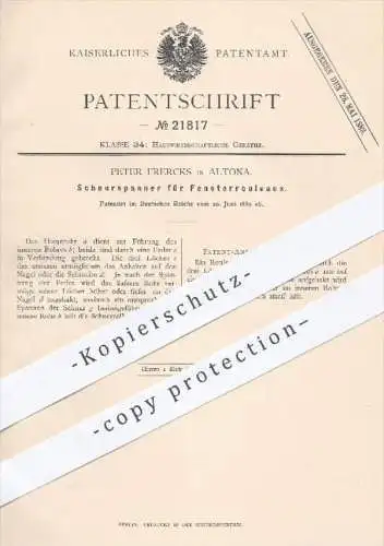 original Patent - Peter Frercks , Hamburg Altona , 1882 , Schnurspanner für Fensterrouleaux | Fenster - Rollo , Rouleau