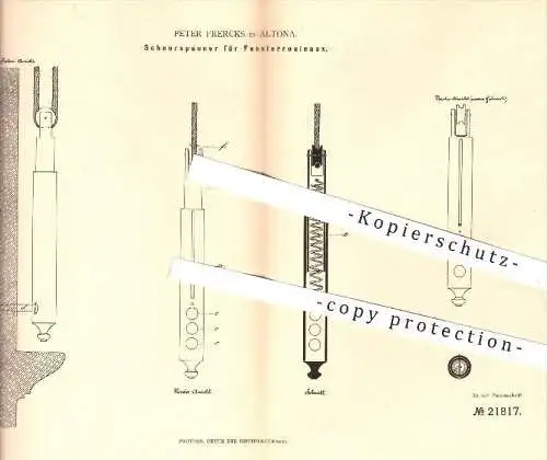 original Patent - Peter Frercks , Hamburg Altona , 1882 , Schnurspanner für Fensterrouleaux | Fenster - Rollo , Rouleau