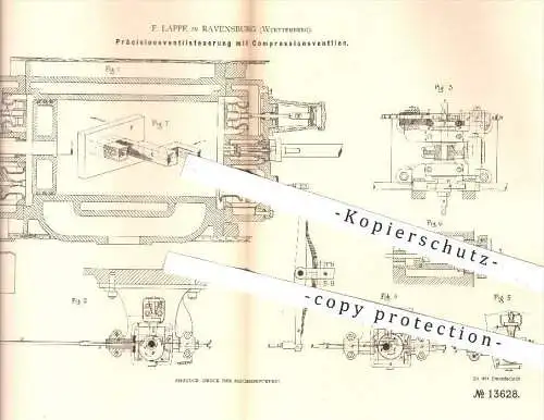 original Patent - F. Lappe in Ravensburg , 1880 , Präzisionsventilsteuerung mit Kompressionsventilen | Dampfmaschinen !!