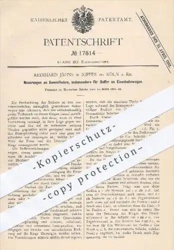 original Patent - R. Jähns , Köln Nippes , 1881 , Gummifedern für Buffer an Eisenbahnwagen | Eisenbahn , Eisenbahnen !!