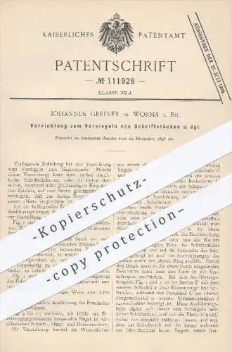 original Patent - Johannes Greiner , Worms  1898 , Versiegeln von Schriftstücken | Siegel , Doppelsiegel , Papier , Post