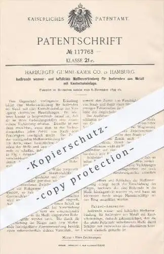 original Patent - Harburger Gummi Kamm Co. , Hamburg  1899 , Isolierende wasser- u. luftdichte Muffenverbindung , Metall