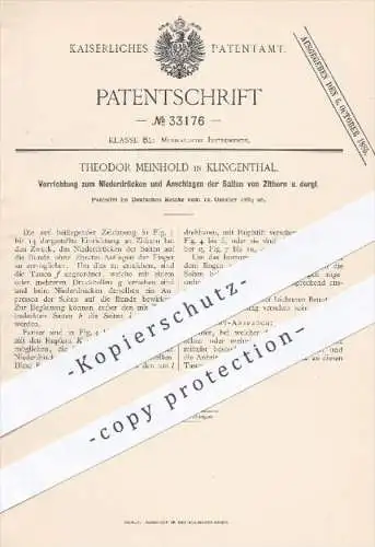 original Patent - T. Meinhold , Klingenthal , 1884 , Niederdrücken u. Anschlagen der Saiten von Zittern | Zitter , Musik