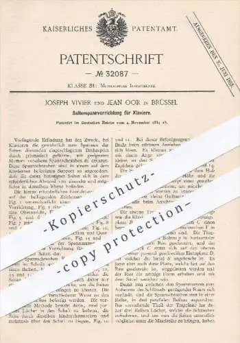 original Patent - Jos. Vivier , Jean Oor , Brüssel 1884 , Saitenspannvorrichtung für Klaviere | Klavier , Piano , Musik