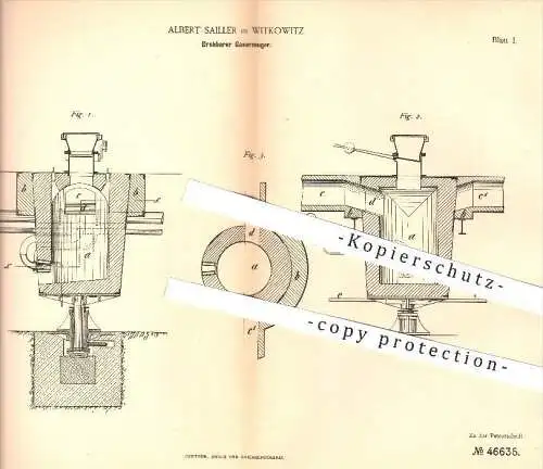 original Patent - Albert Sailler in Witkowitz , 1888 , Drehbarer Gaserzeuger | Gas , Generator , Generatoren , Kolben !!