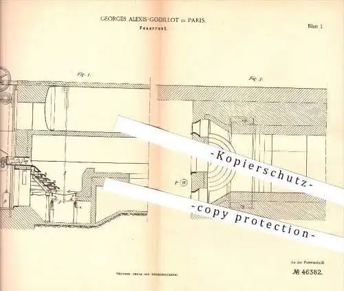 original Patent - Georges Alexis Godillot , Paris 1888 , Feuerrost , Rost , Ofenrost , Ofen , Öfen , Ofenbauer , Heizung