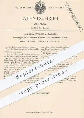 original Patent - H. Krähwinkel , Barmen , 1881 , rotierende Pumpen u. Gebläsemaschinen | Pumpe , Gebläse , Lüftung !!!