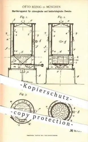 original Patent - O. Reinig , München , 1892 , Sterilisierung für chirurgische Zwecke | Steril , Medizin , Arzt !!!