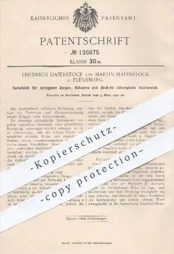 original Patent - Fr. u. M. Haferstock , Flensburg  1901 , Verschluss für zerlegbare Zangen , Scheren | Chirurgie , Arzt