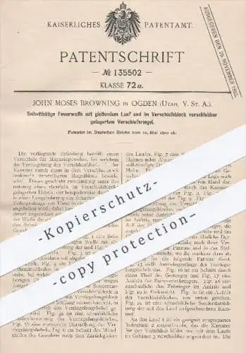 original Patent - J. Moses Browning , Ogden , Grafschaft Weber , Utah USA 1900 , Feuerwaffe mit gleitendem Lauf | Waffen