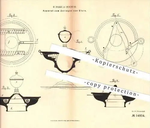 original Patent - B. Fries in Bochum , 1880 , Apparat zum Zerlegen von Eiern | Ei , Eier , Eierbecher , Eierschneider !!