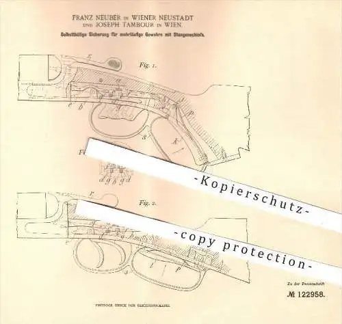 original Patent - Franz Neuber , Joseph Tambour , Wien , 1899 , Sicherung für Gewehre mit Stangenschloss | Waffen !!!