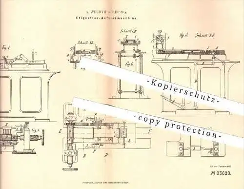 original Patent - A. Weerth , Leipzig  1883 , Maschine zum Aufkleben von Etiketten | Papier , Kleben , Papiererzeugnisse