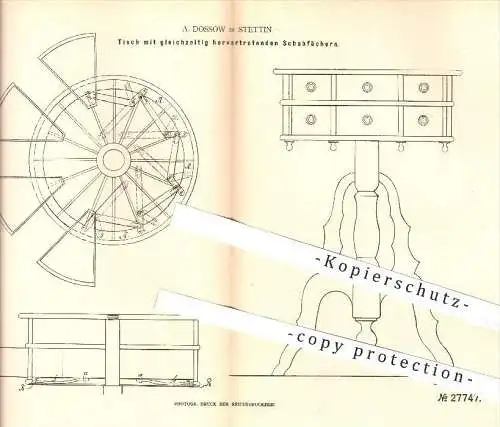 original Patent - A. Dossow , Stettin 1883 , Tisch mit Schubfächern | Tische , Möbel , Möbelbauer , Tischler , Holztisch