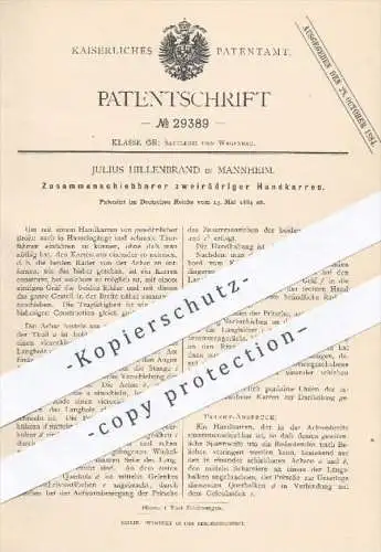 original Patent - Julius Hillenbrand in Mannheim , 1884 , Zusammenschiebbarer zweirädriger Handkarren | Wagen , Karren !