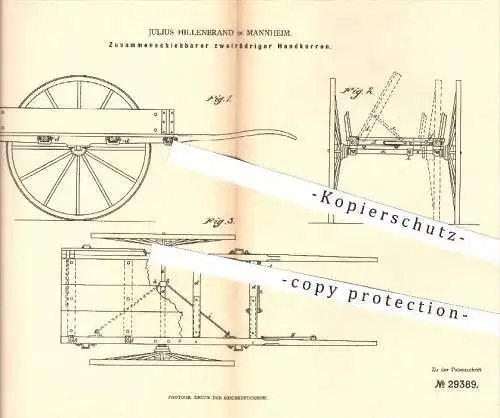 original Patent - Julius Hillenbrand in Mannheim , 1884 , Zusammenschiebbarer zweirädriger Handkarren | Wagen , Karren !