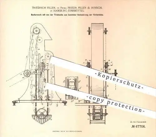 original Patent - Friedr. Filler & Hinsch , Hamburg Eimsbüttel , 1892 , Becherwerk | Hebewerk , Hebezeuge , Förderwerk !