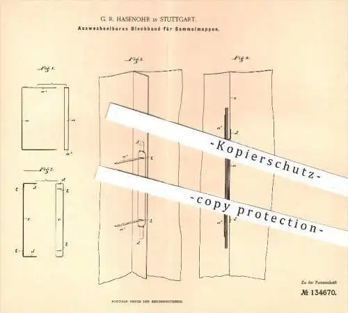 original Patent - G. R. Hasenohr in Stuttgart , 1900 , Auswechselbares Blechband für Sammelmappen | Mappe , Buchbinder