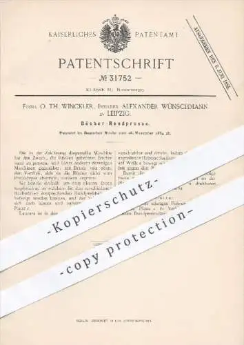 original Patent - O. Th. Winckler , A. Wünschmann , Leipzig , 1884 , Bücher - Rundpresse | Presse , Pressen , Buchbinder