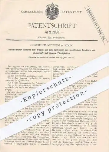 original Patent - Christoph Munnem , Köln , 1882 , Wiegen u. Bestimmen des spezifischen Gewichts von Zuckersaft | Zucker