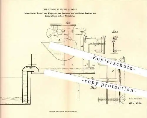 original Patent - Christoph Munnem , Köln , 1882 , Wiegen u. Bestimmen des spezifischen Gewichts von Zuckersaft | Zucker