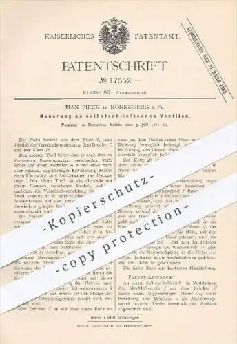 original Patent - M. Fieck , Königsberg 1881 , selbstschließende Ventile | Ventil , Wasserleitung  Wasserhahn , Klempner