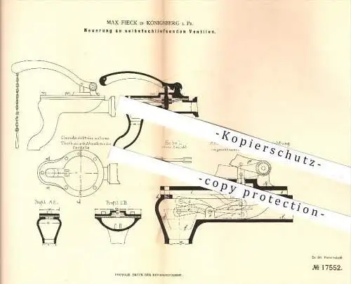 original Patent - M. Fieck , Königsberg 1881 , selbstschließende Ventile | Ventil , Wasserleitung  Wasserhahn , Klempner